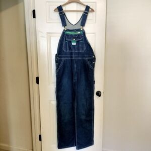 Vintage 90s LIBERTY Y2K Darkwash Green Trim Carpenter Dungaree Overalls 36x32